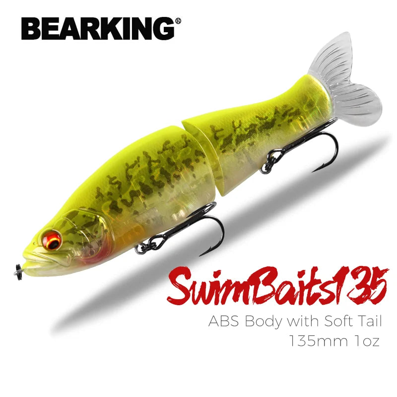 BEARKING Top Fishing Lures 135mm 1oz Jointed minnow Wobblers ABS Body with Soft Tail SwimBaits soft lure for pike and bass